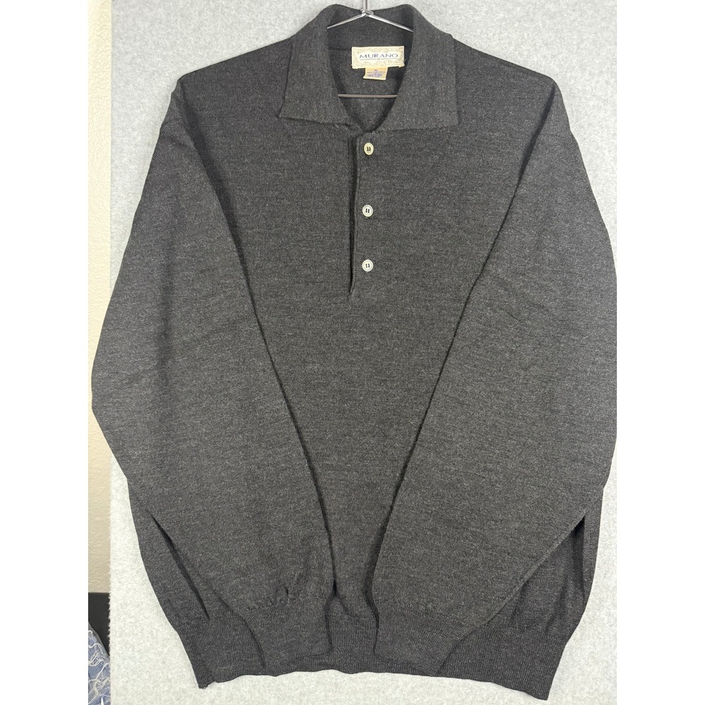 Murano Vintage Mens XL Charcoal Gray 100% Merino Wool Polo Sweater Made in Italy
